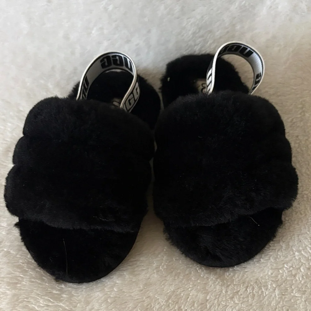 UGG Kids Black Furry Slide Sandals with Branded Heel Strap